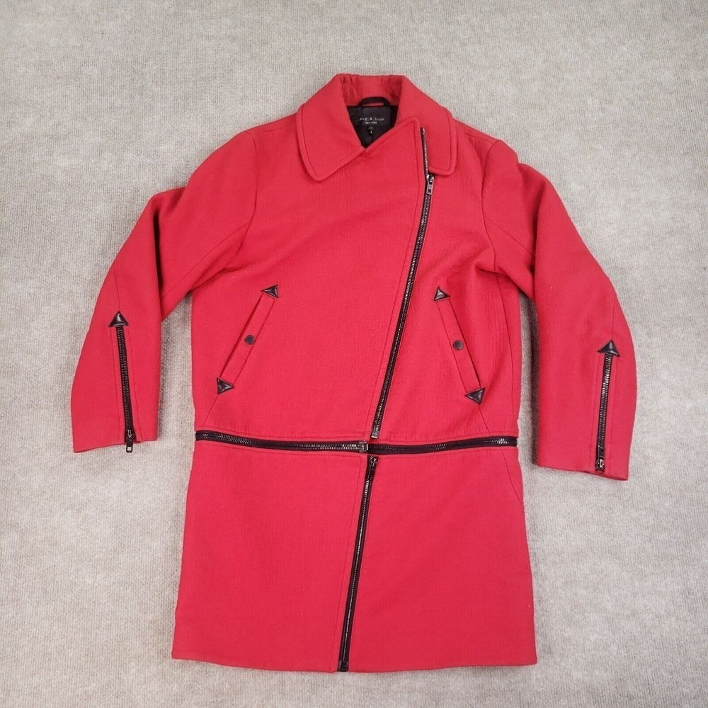 Rag & Bone Rally Zip Off Coat Womens Medium Red Wool Linen Blend Convertible